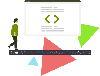 abstract illustration of person walking towards floating website window